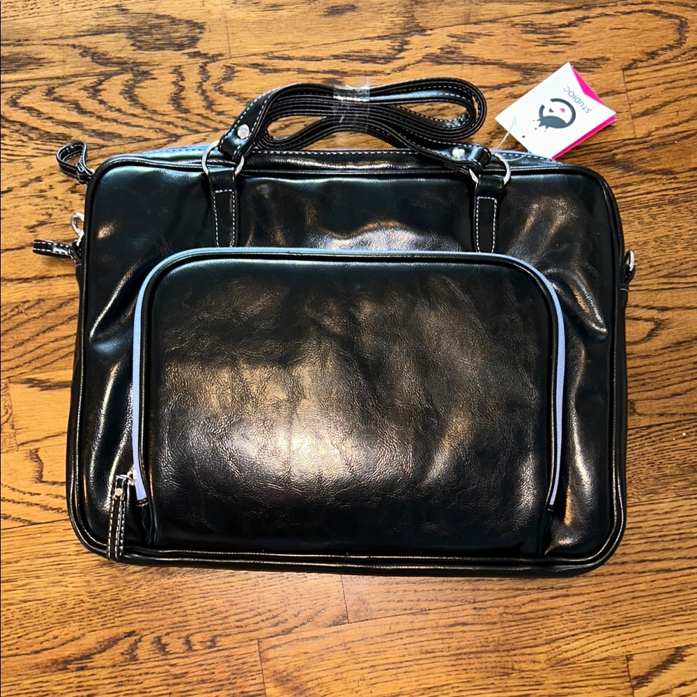 Studio C Black Leather Briefcase with lavender zipper